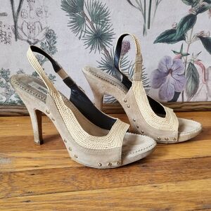 Ermanno Scervino beige suede woven slingback peep toe heels